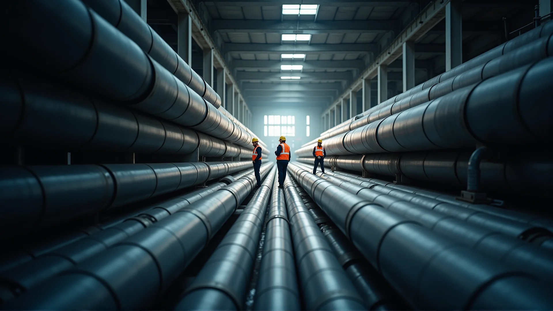 Industrial facility with large-diameter steel pipework and certified crew at work