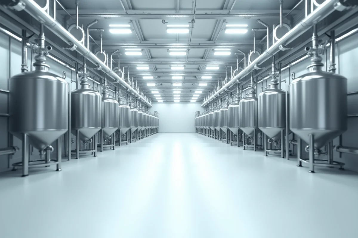 Completed industrial plant interior showing installed HVAC systems and overhead pipework