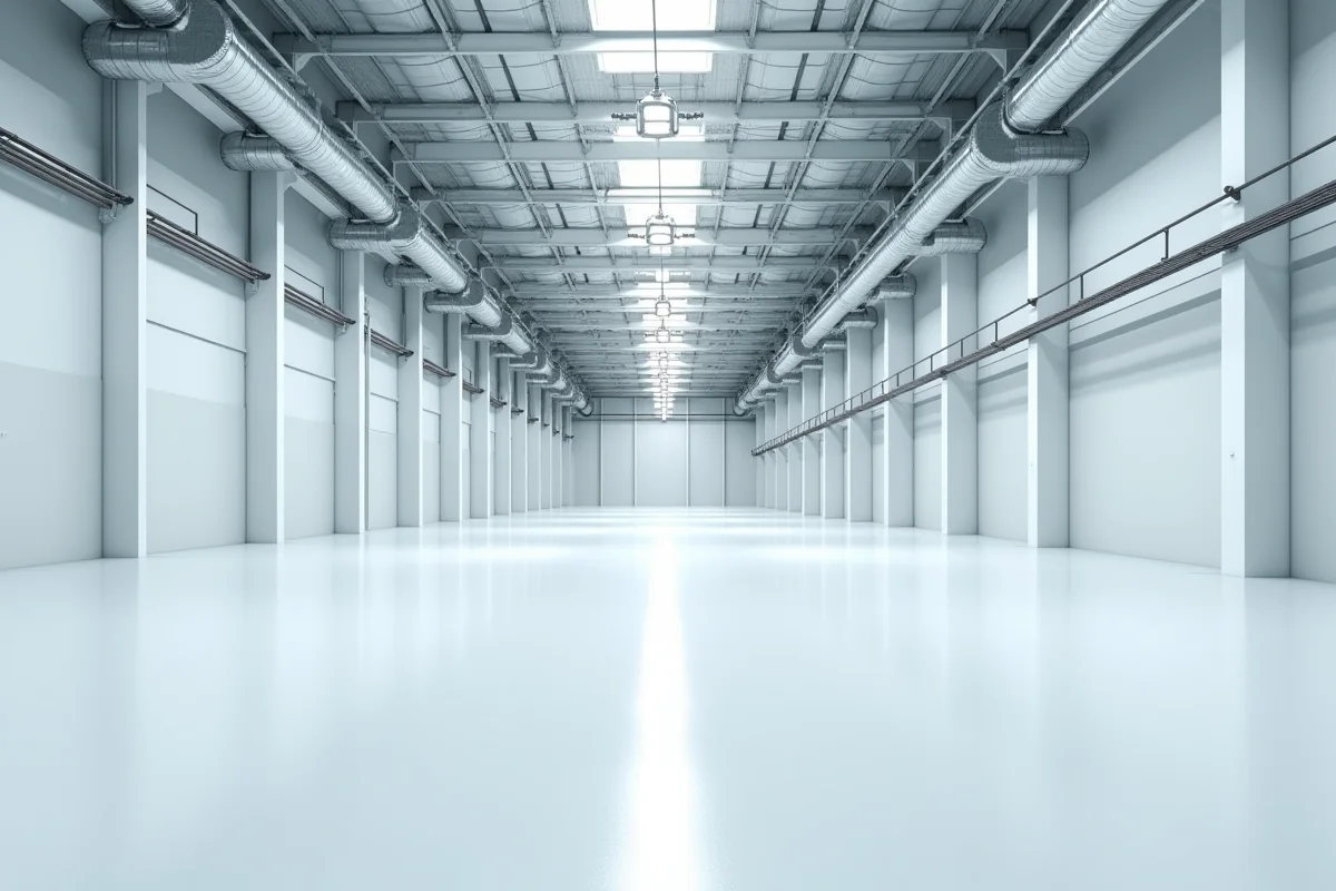 Large logistics warehouse interior showing ventilation ductwork and sprinkler systems installed under the roof