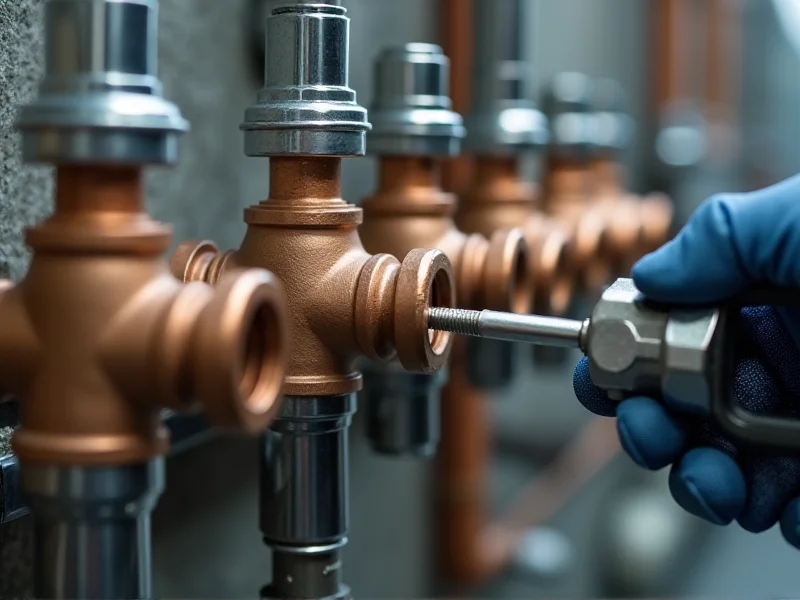 Industrial heating manifold with chrome valves and pipework — plumbing and HVAC installation